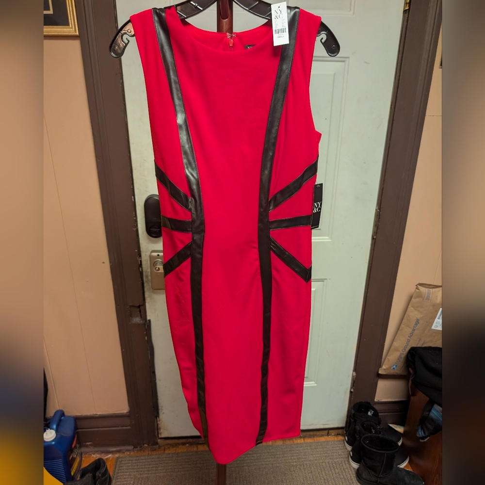 New York & Company Red Midi Dress with Black Accents